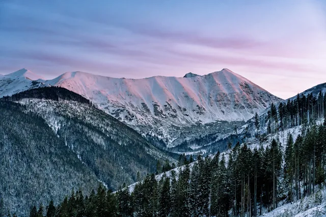 Forested valleys and white peaks beneath a pink sky.