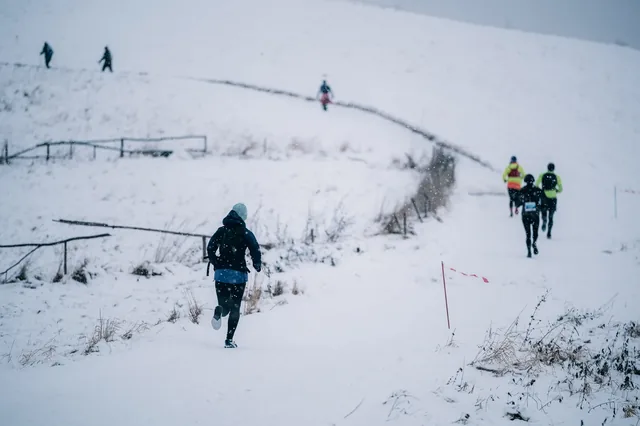 Runners on a winding path across a white slope.