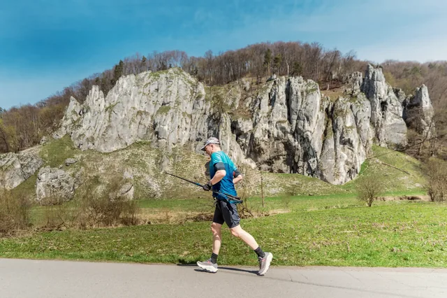 Runner in a blue shirt against a tall cliff.